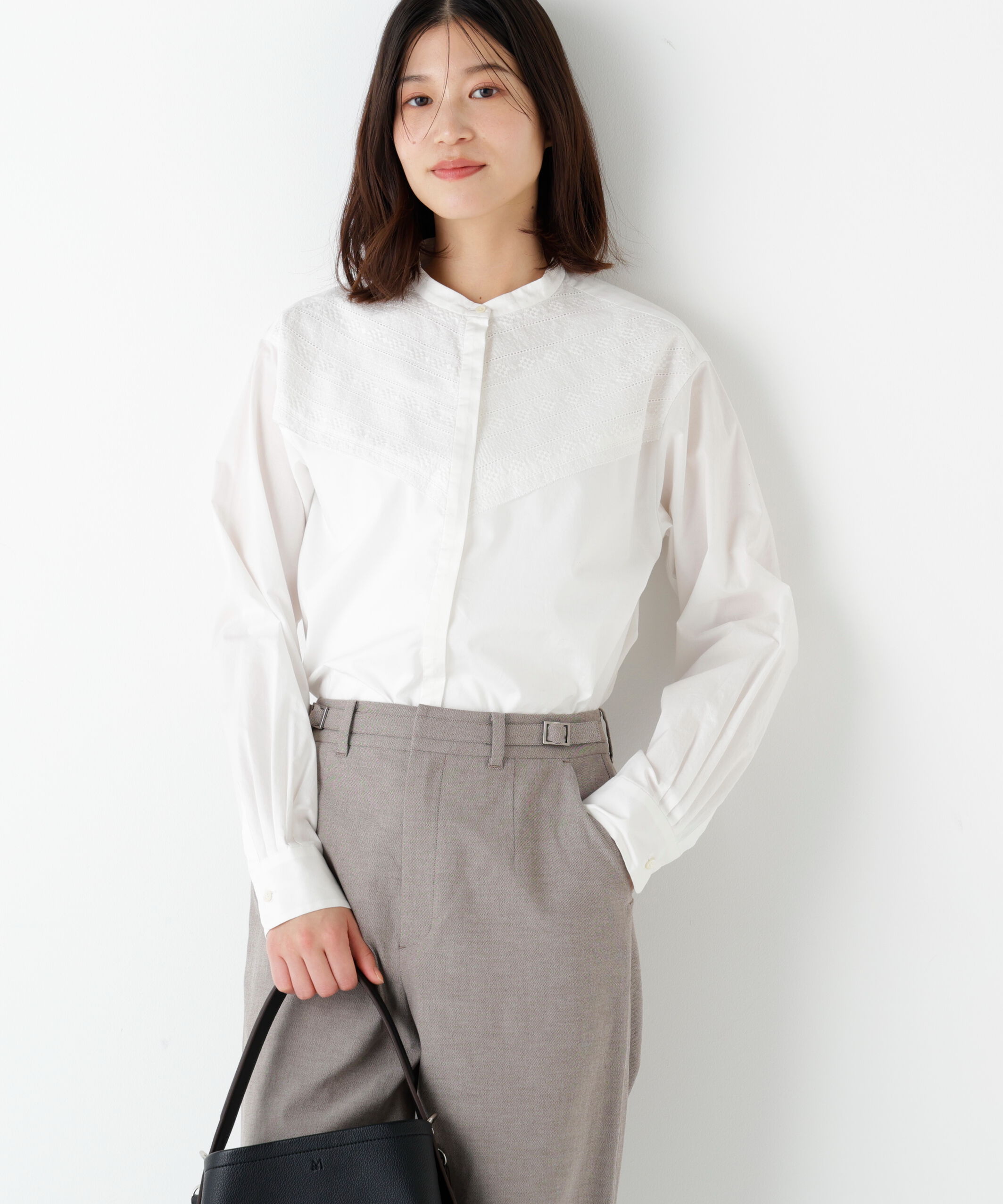  「◆《ウォッシャブル》レースドッキングバンドカラーブラウス」|シャツ・ブラウス|