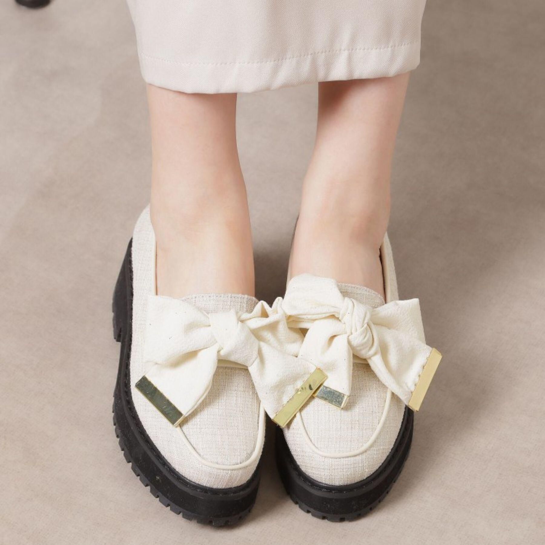 ESPERANZA「晴雨兼用リボン厚底ローファー」|パンプス|アイボリー(304)
