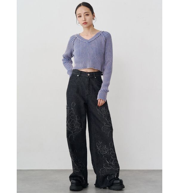 MURUA「ダメージフラワーワイドデニム」|デニム|