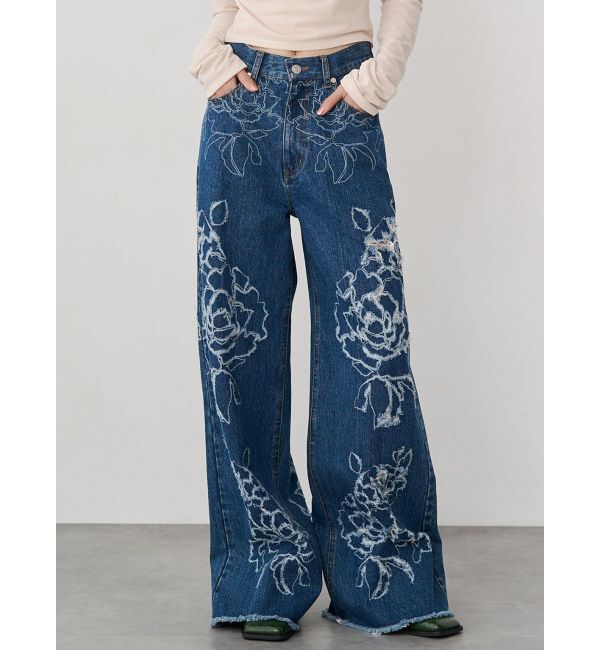MURUA「ダメージフラワーワイドデニム」|デニム|ブルー