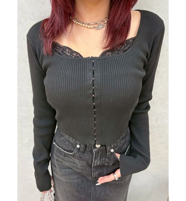 EVRIS「フロントホックレースドッキングニットトップス」|ニット・セーター|