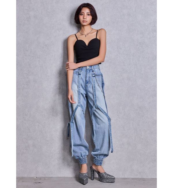 GYDA「ハイウエストGYDA chainデザインジョガーデニムパンツ」|デニム|