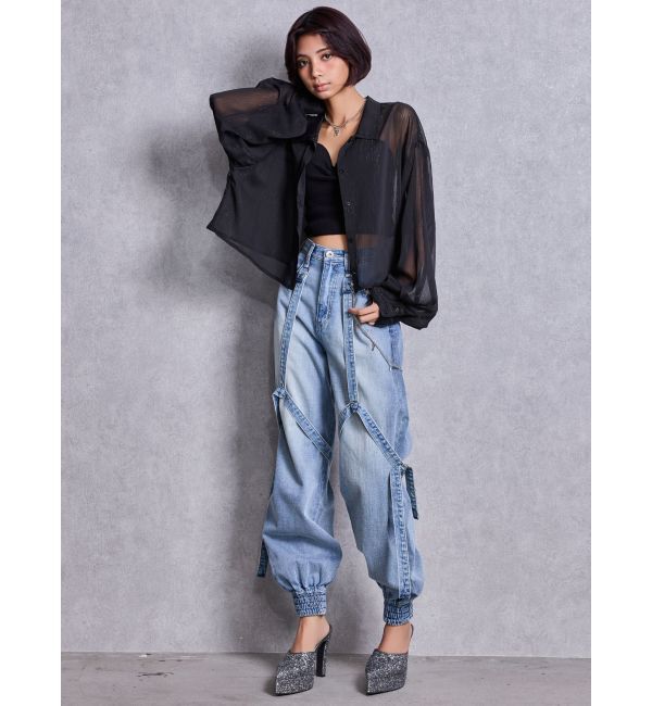 GYDA「ハイウエストGYDA chainデザインジョガーデニムパンツ」|デニム|