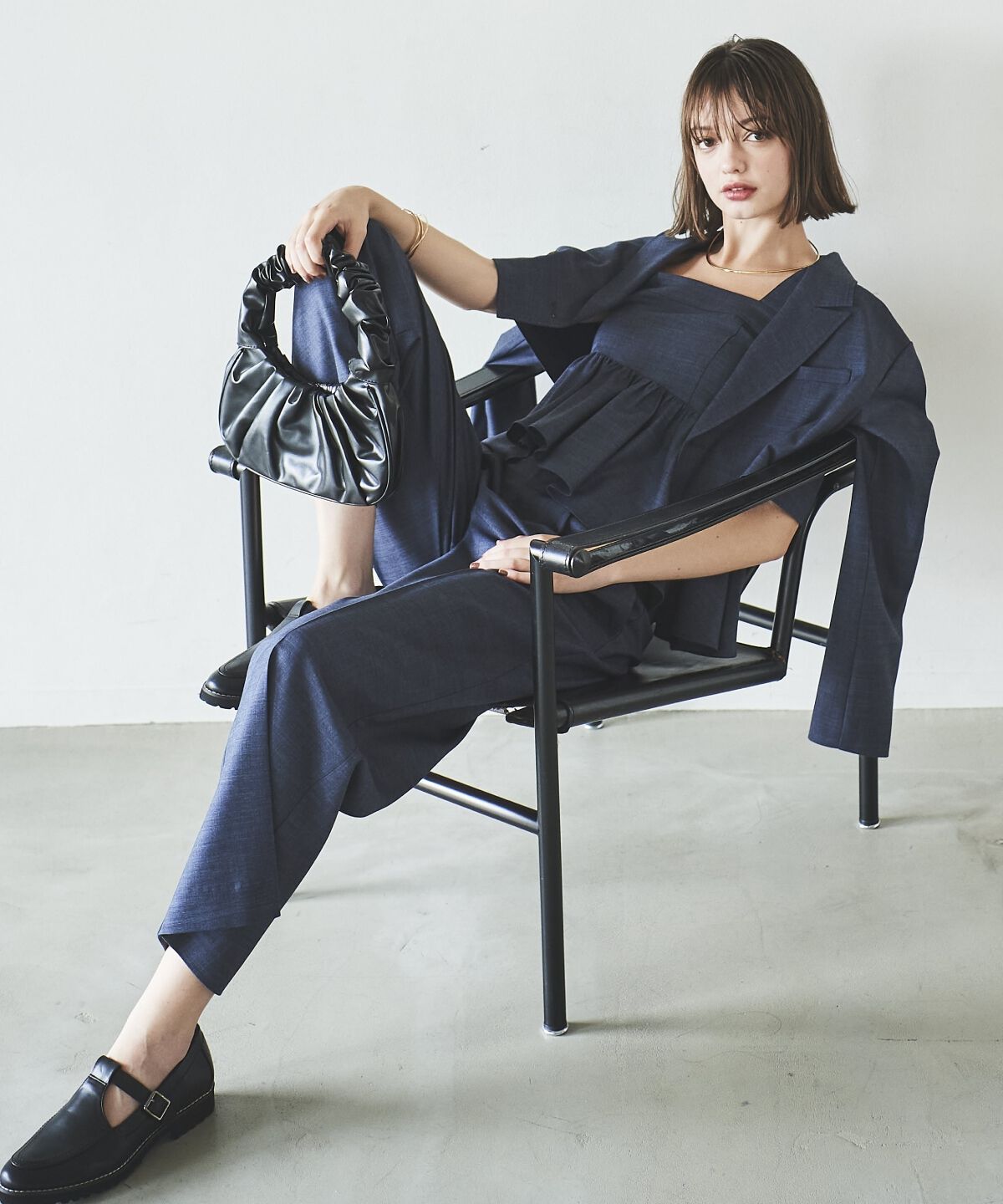 アンドクチュール「シャンブレーバックリボンショートジャケット」|テーラードジャケット|