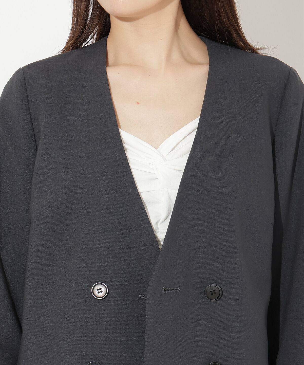 アンドクチュール「ノーカラーダブルジャケット」|ノーカラージャケット|