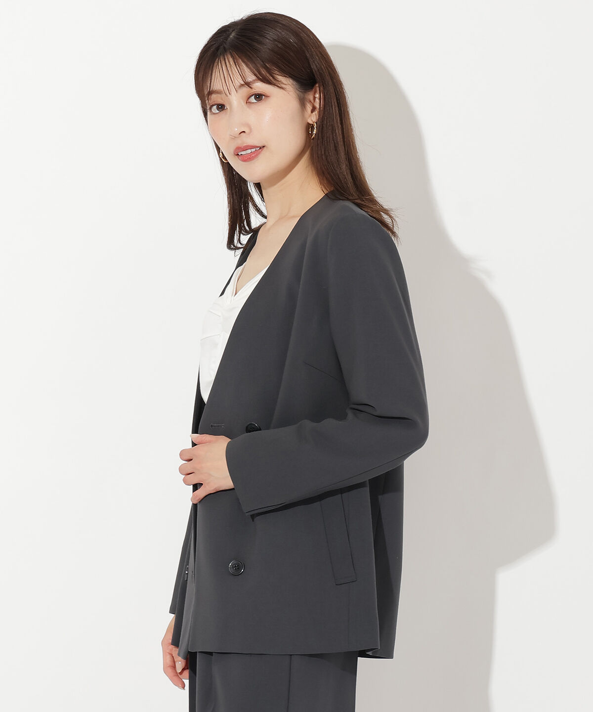 アンドクチュール「ノーカラーダブルジャケット」|ノーカラージャケット|