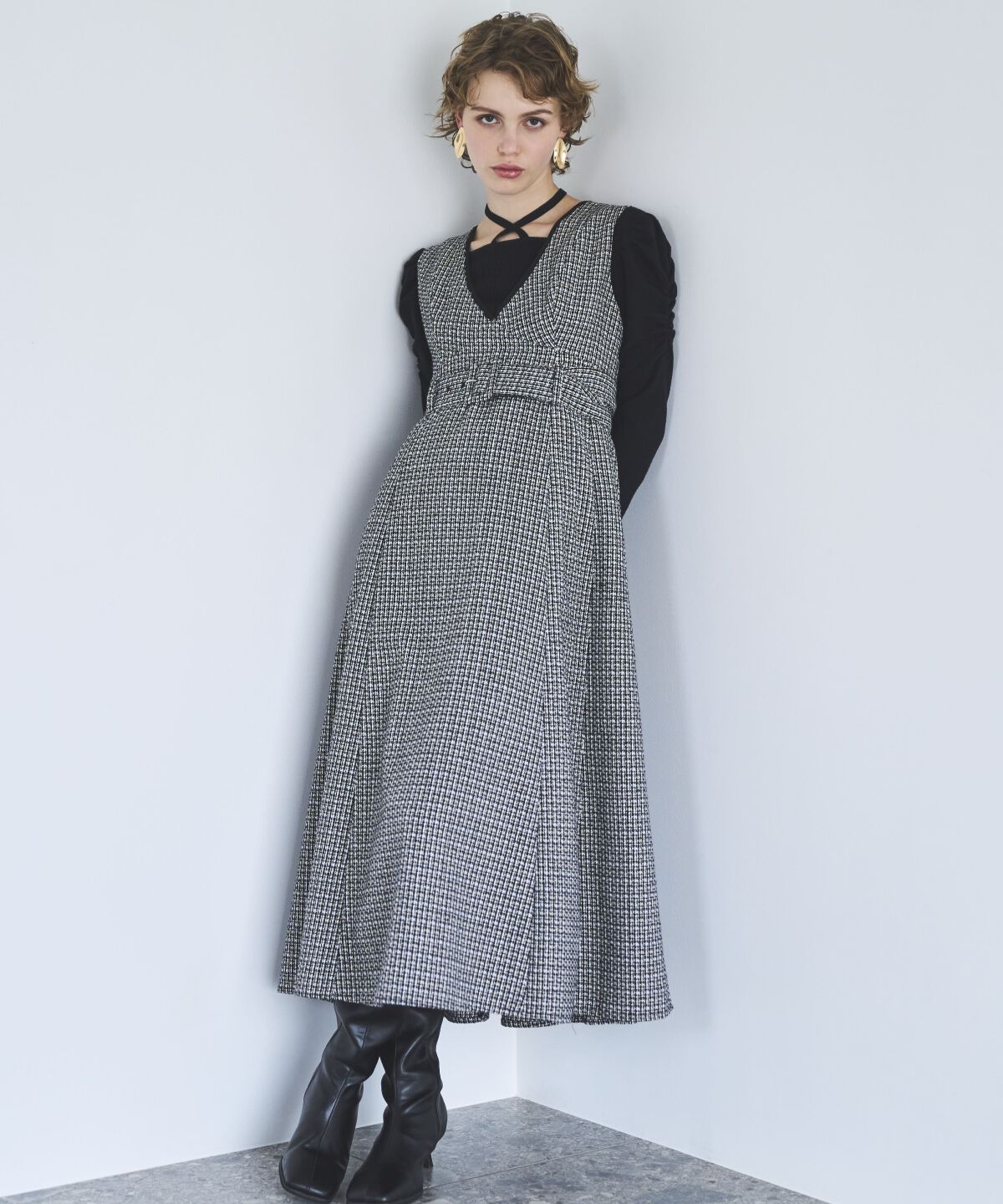 アンドクチュール「ラメツイードVネックジャンスカ」|ジャンパースカート|