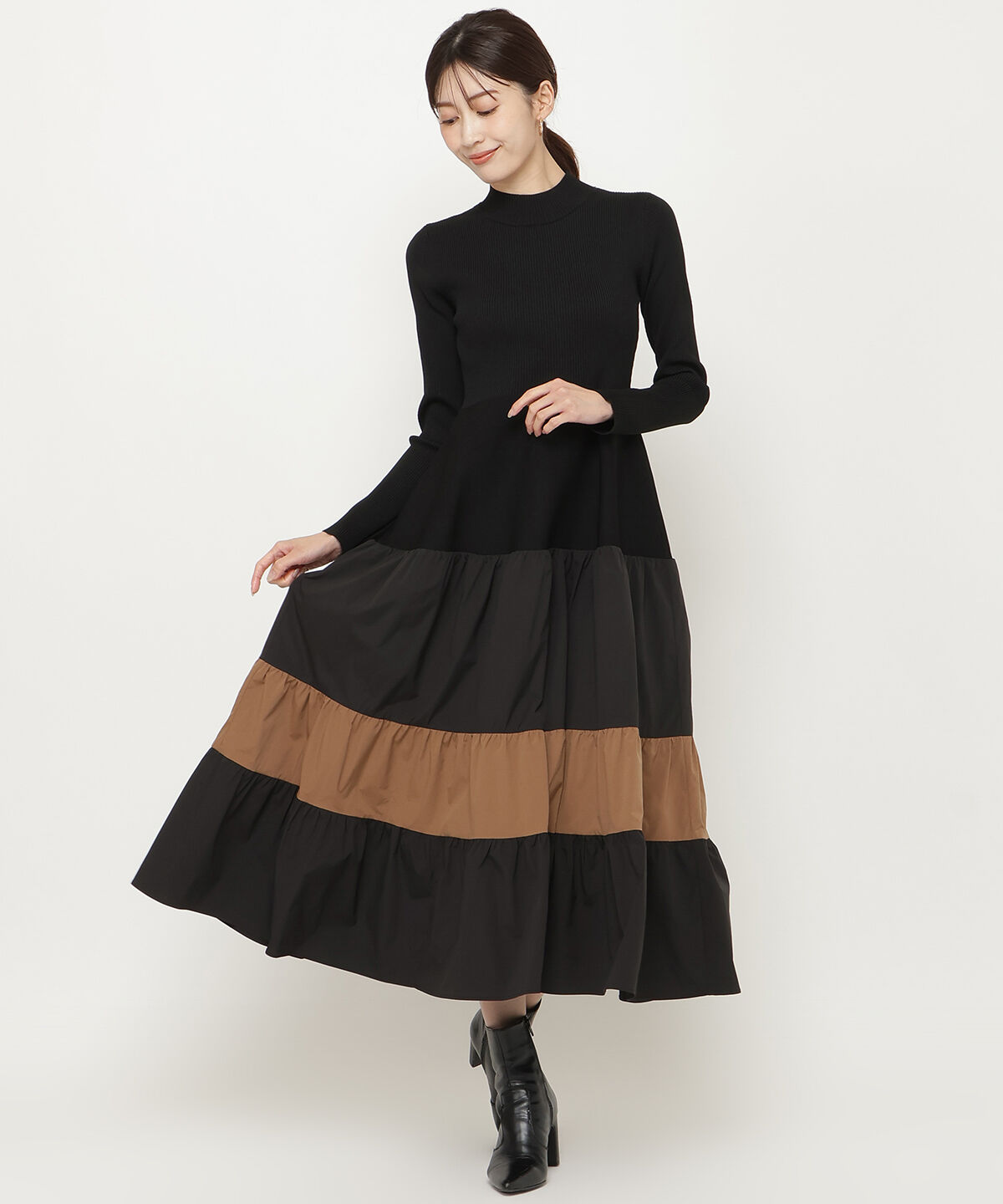 アンドクチュール「布帛ティアードドッキングワンピース」|ワンピース|ブラック