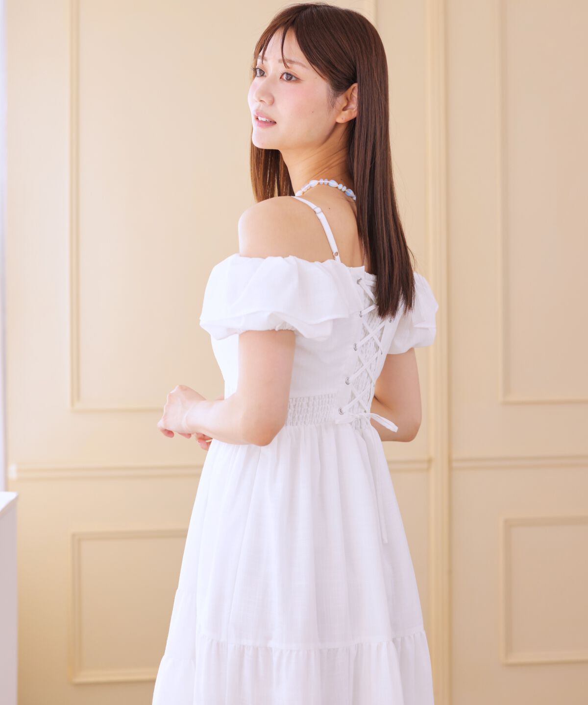 アンドクチュール「バックレースアップオフショルティアードワンピース」|ワンピース|