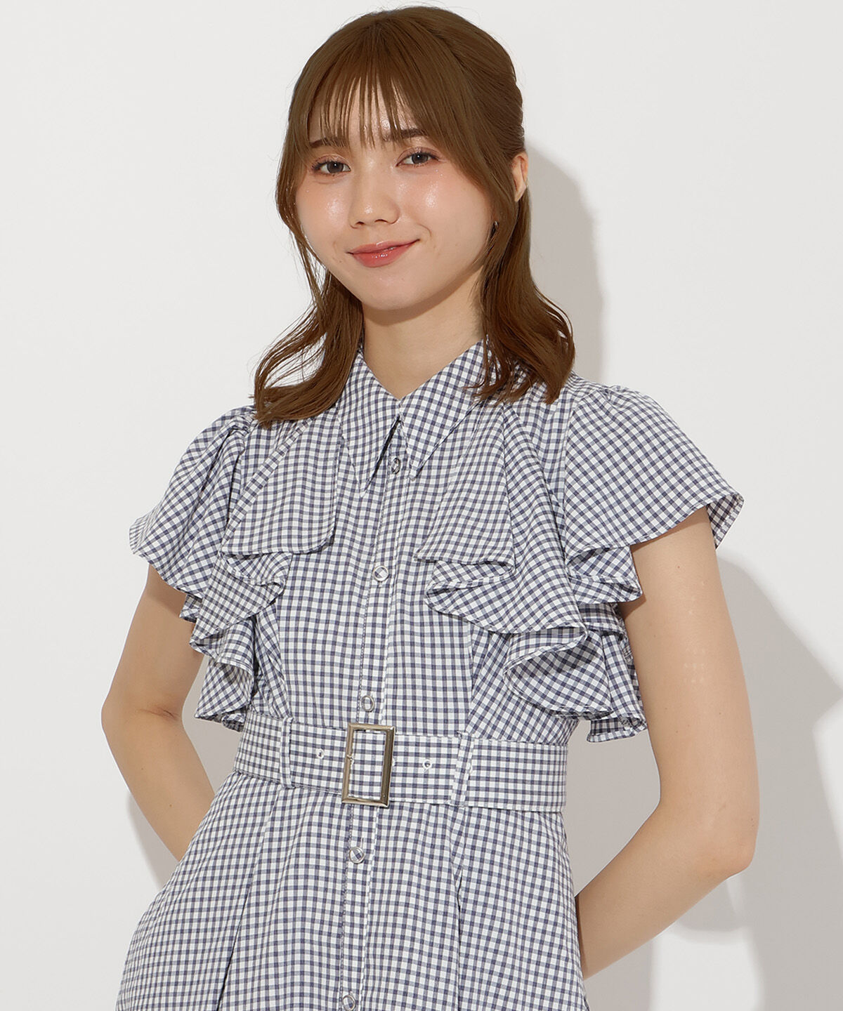 アンドクチュール「袖フリルチェックシャツワンピース」|ワンピース|