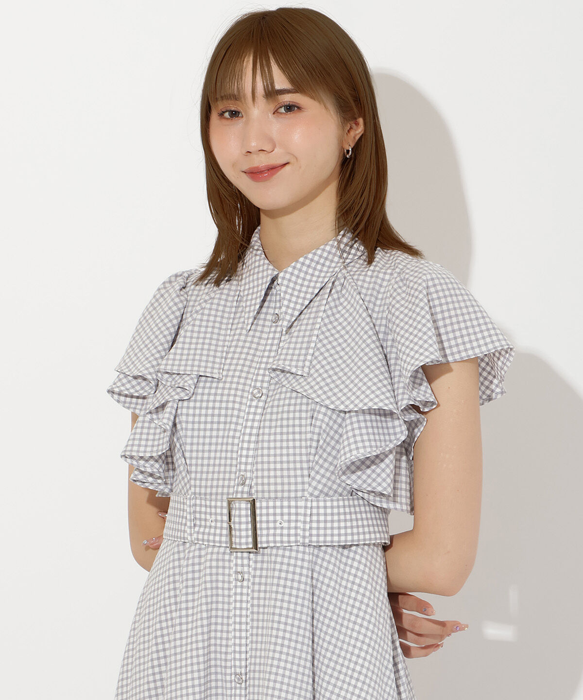 アンドクチュール「袖フリルチェックシャツワンピース」|ワンピース|