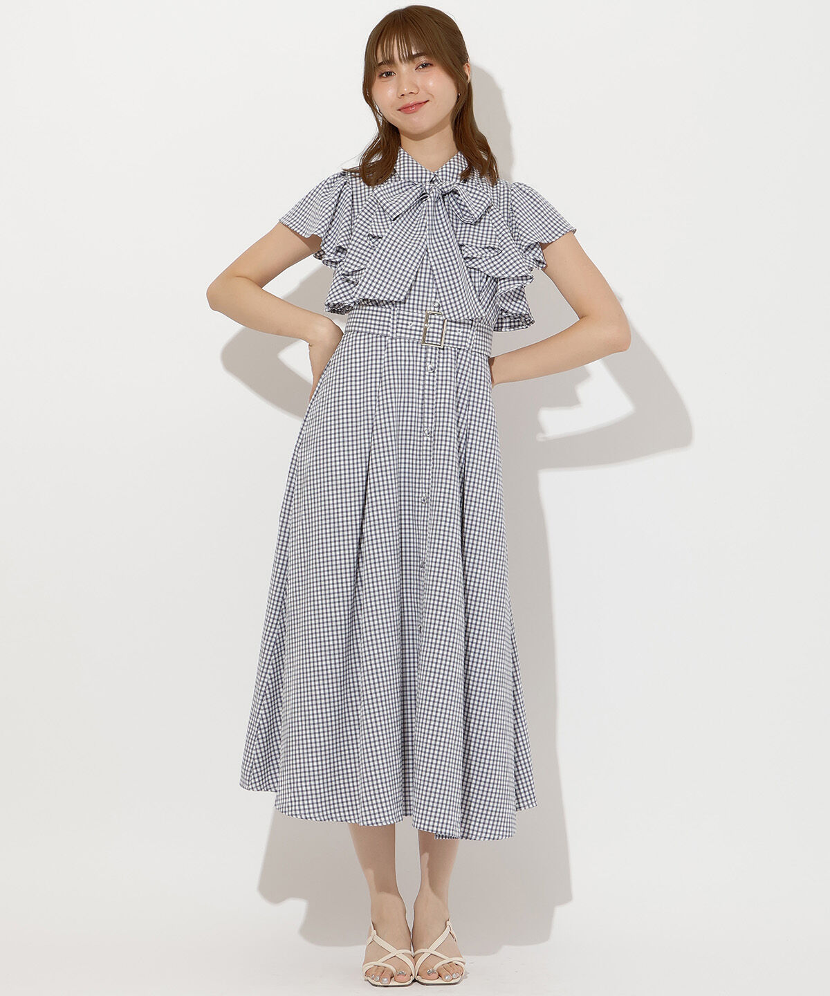 アンドクチュール「袖フリルチェックシャツワンピース」|ワンピース|