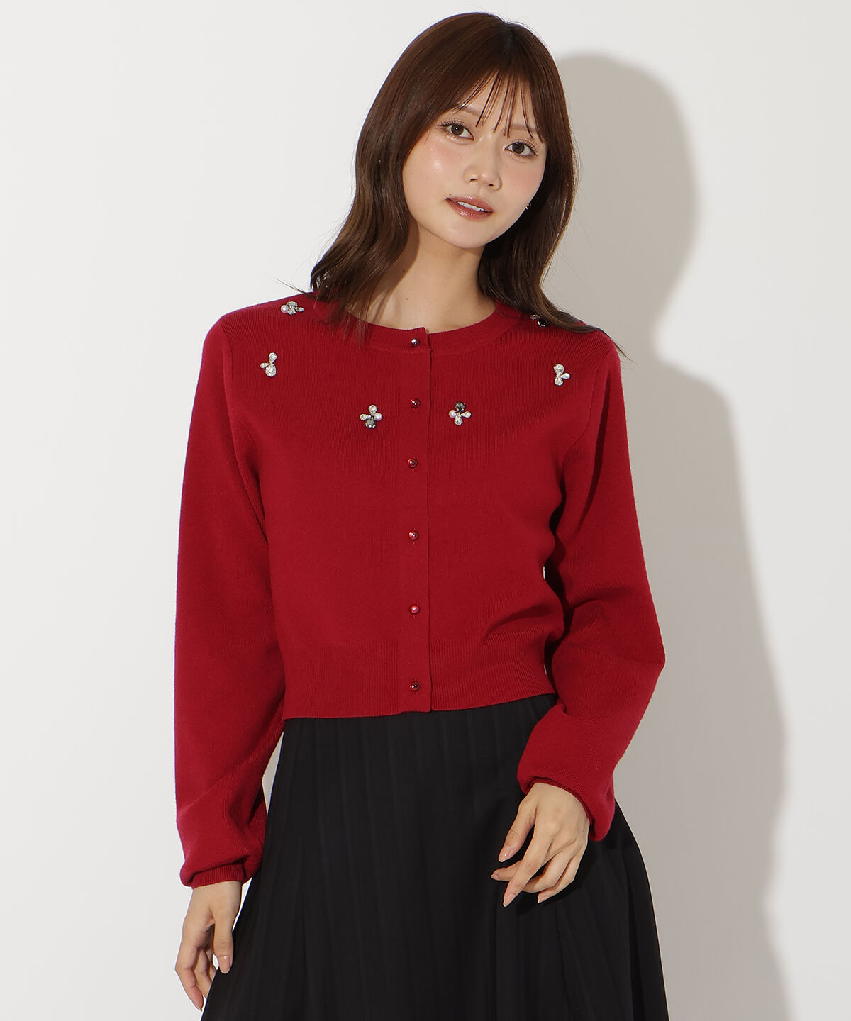 アンドクチュール「ビジュー&times;パールニットカーディガン」|カーディガン|レッド