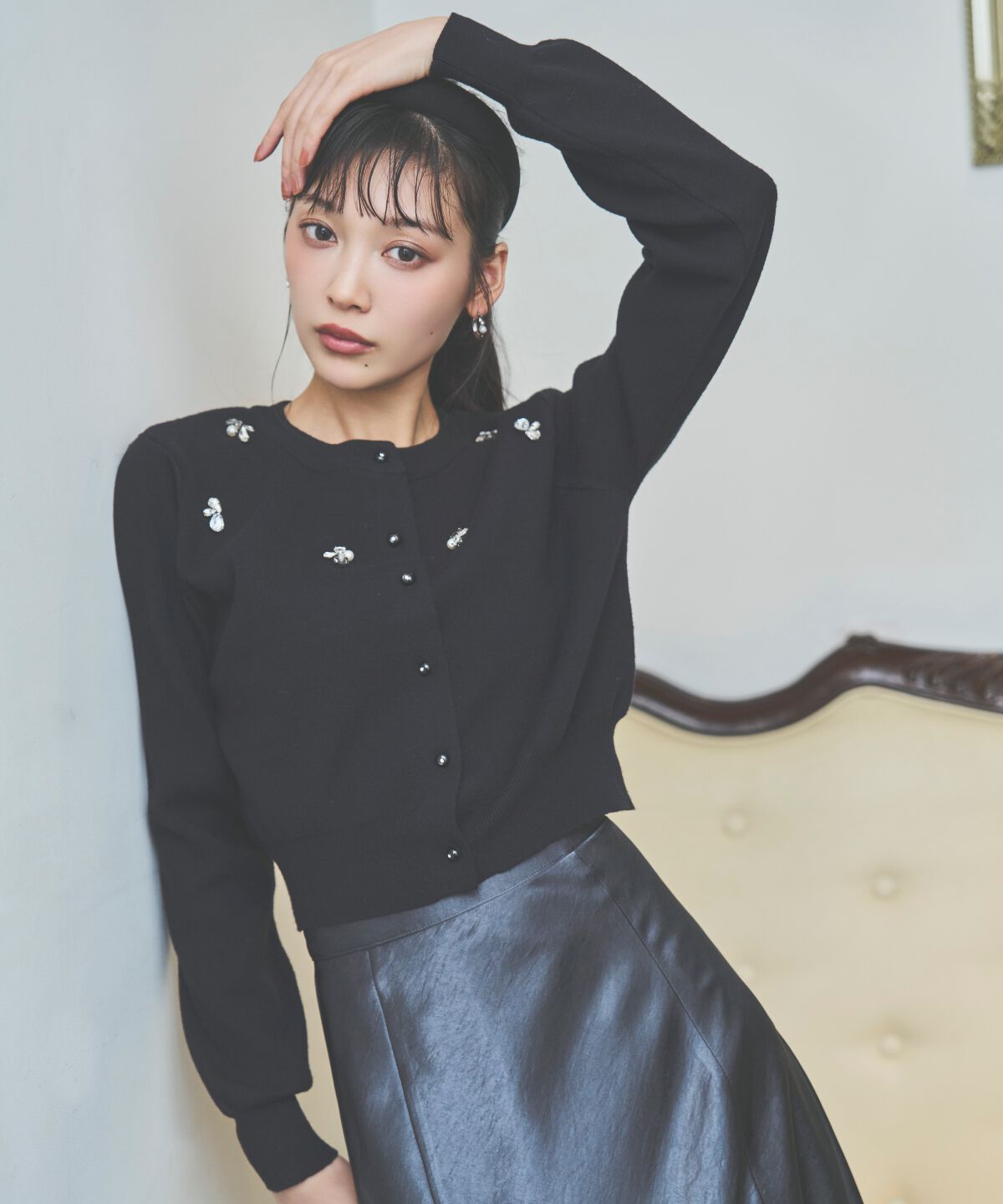 アンドクチュール「ビジュー&times;パールニットカーディガン」|カーディガン|ブラック