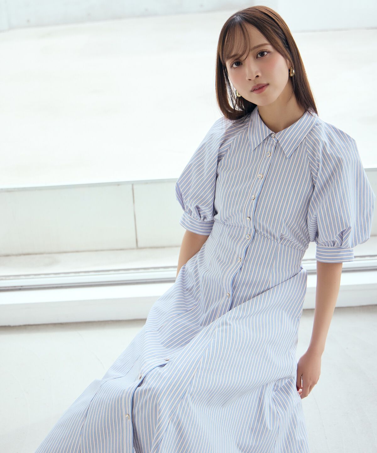 アンドクチュール「ボリュームスリーブストライプワンピース」|ワンピース|