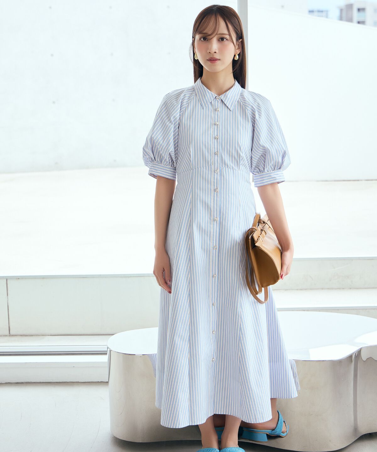 アンドクチュール「ボリュームスリーブストライプワンピース」|ワンピース|