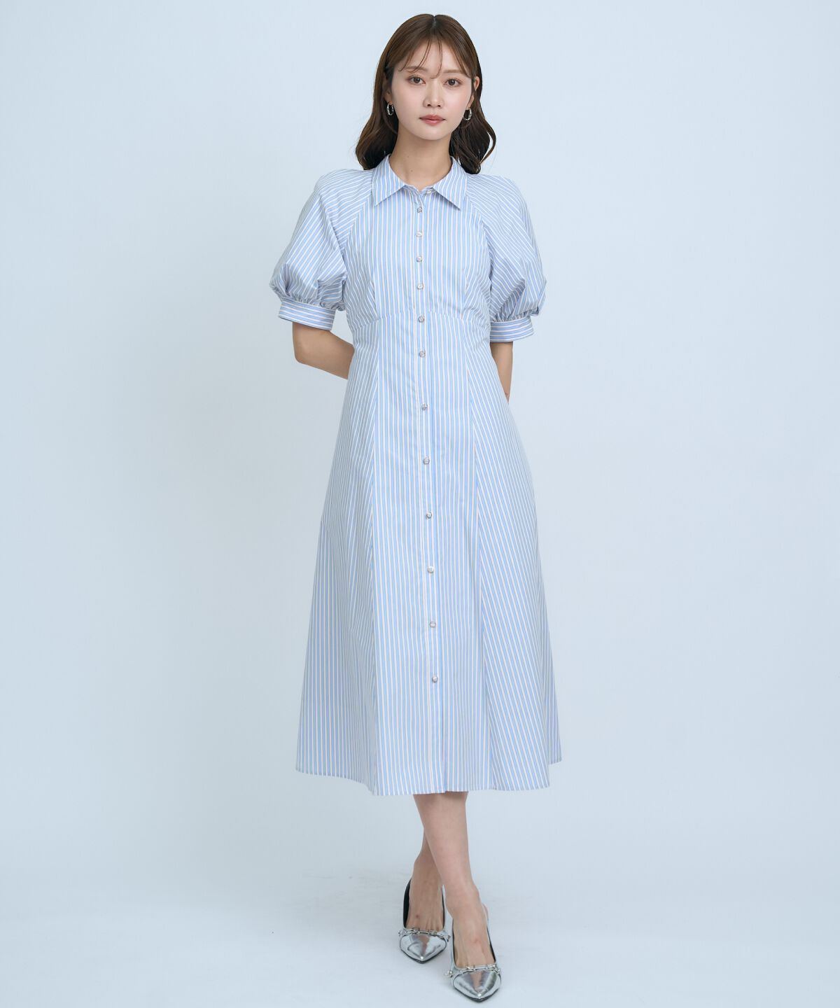 アンドクチュール「ボリュームスリーブストライプワンピース」|ワンピース|