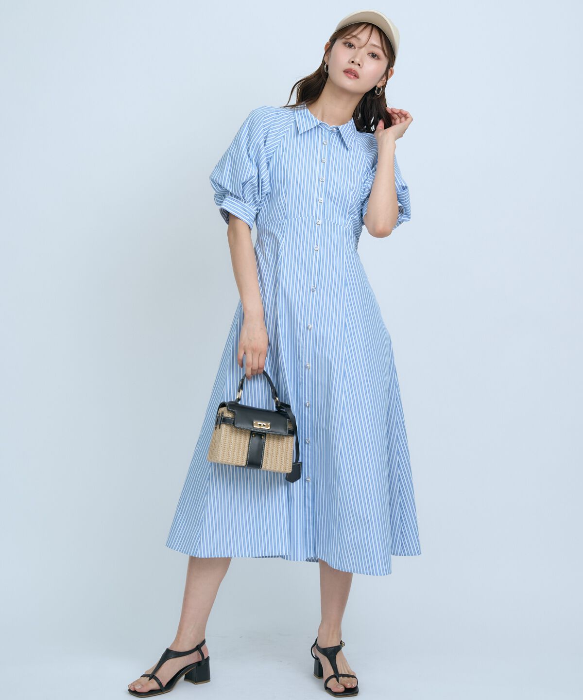 アンドクチュール「ボリュームスリーブストライプワンピース」|ワンピース|