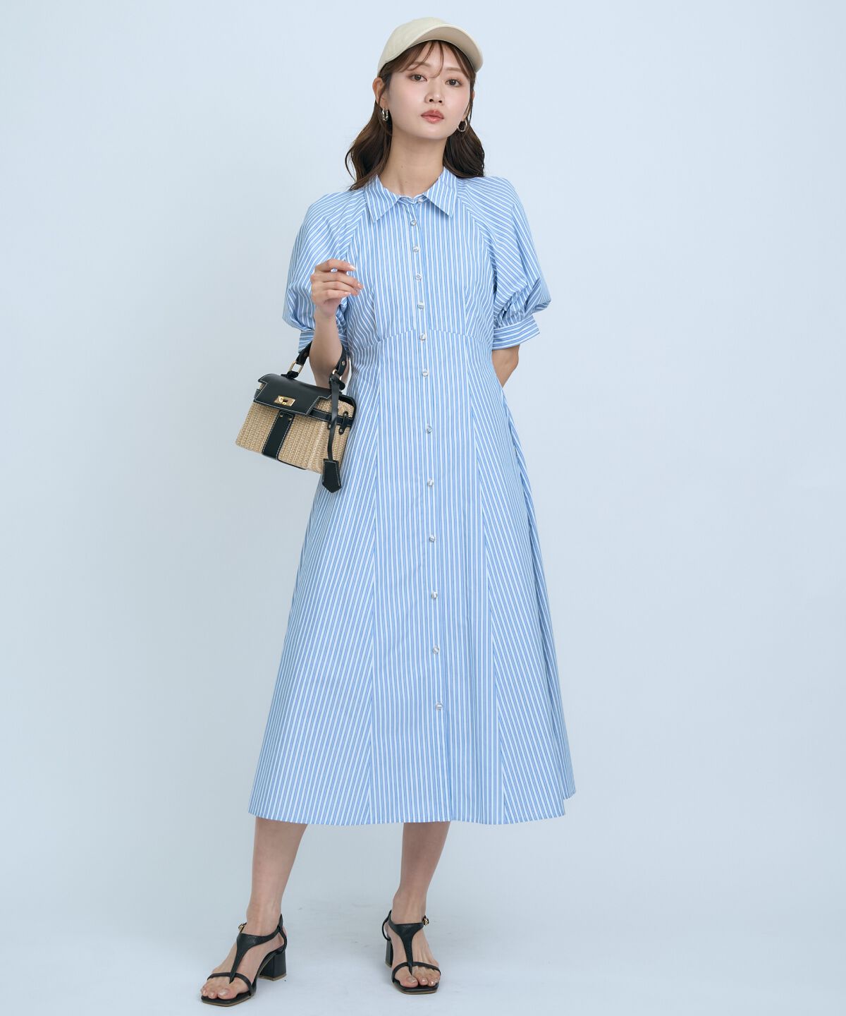 アンドクチュール「ボリュームスリーブストライプワンピース」|ワンピース|