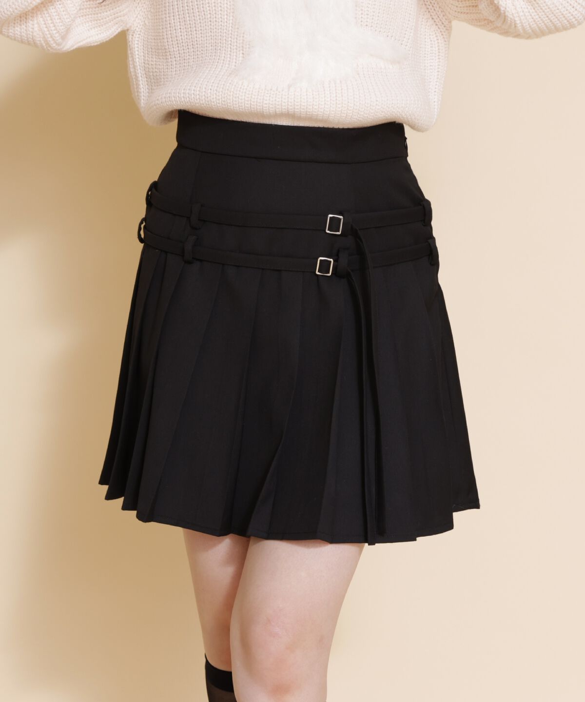 REDYAZEL「ダブルベルトプリーツミニスカート」|フレア|