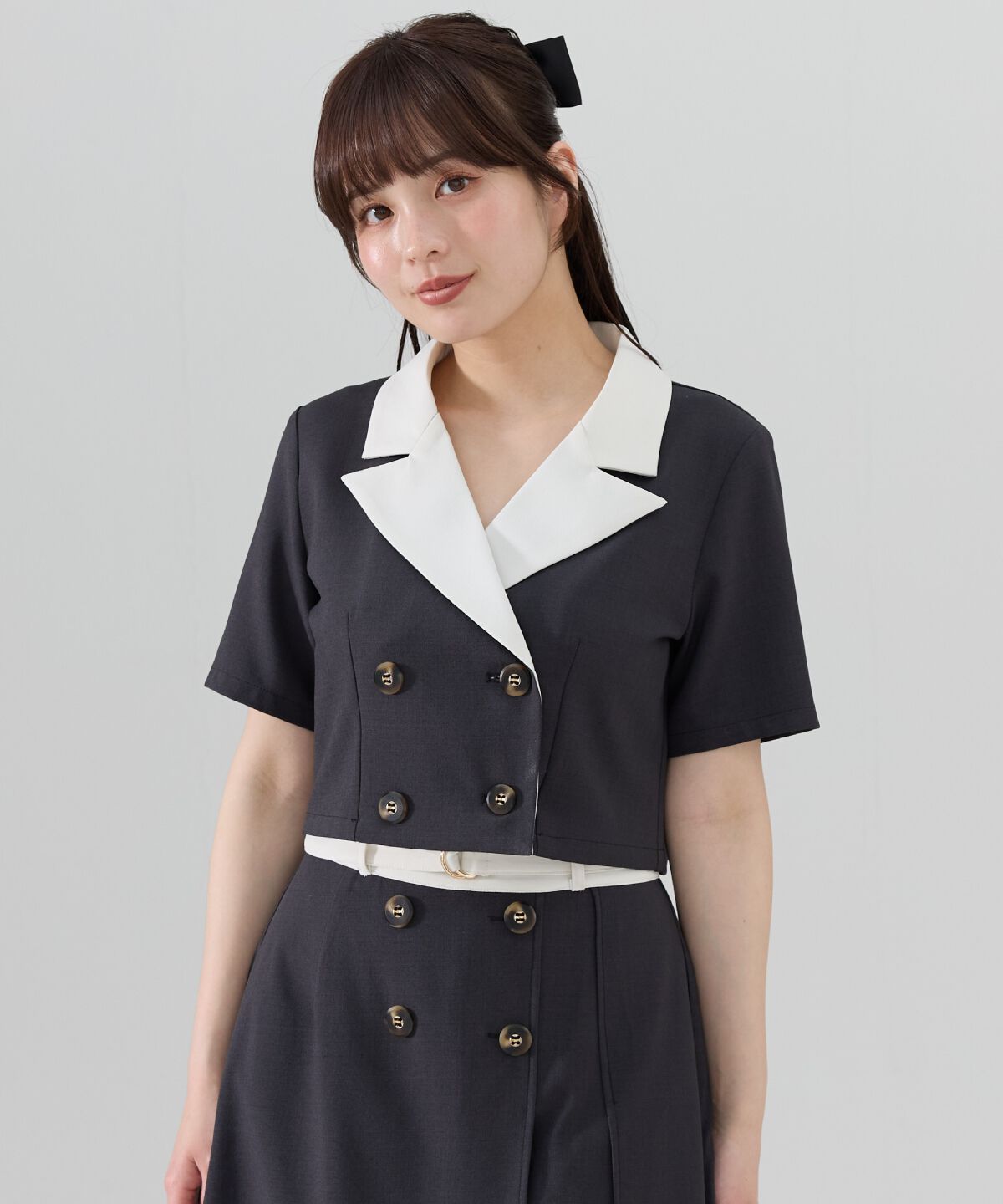 REDYAZEL「バイカラー半袖ショートジャケット」|テーラードジャケット|ブラック