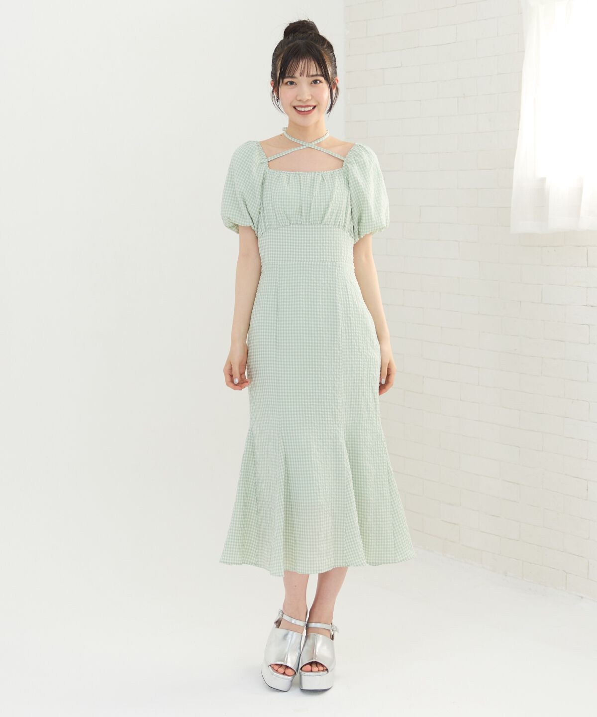 REDYAZEL「クロスリボンギンガムチェックマーメイドワンピース」|ワンピース|