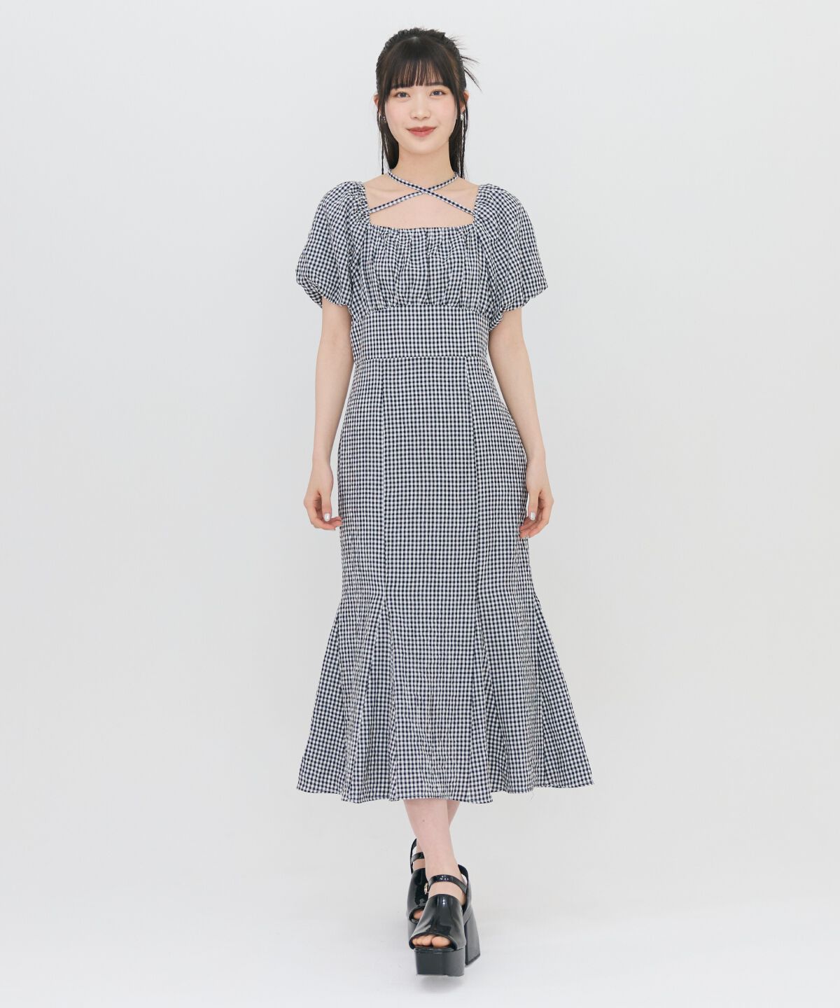 REDYAZEL「クロスリボンギンガムチェックマーメイドワンピース」|ワンピース|