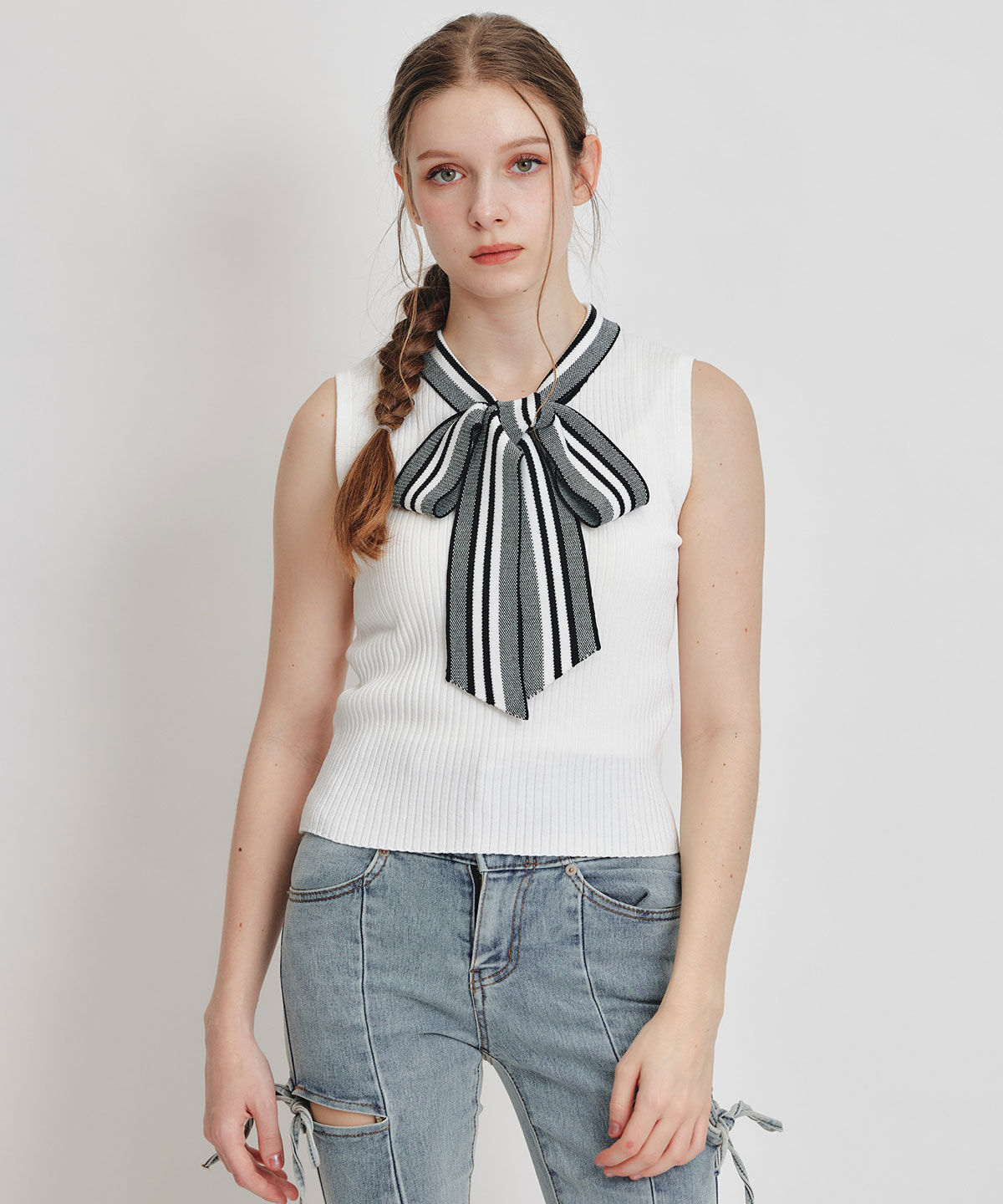 REDYAZEL「ストライプリボンタイリブニットノースリーブ」|ニット・セーター|