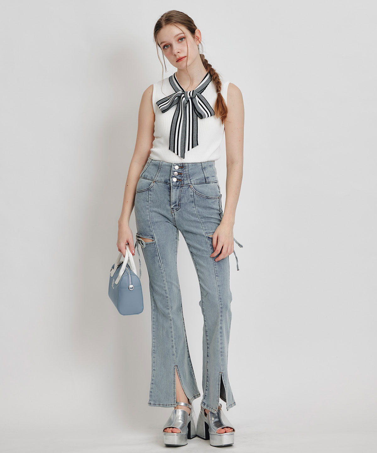 REDYAZEL「ストライプリボンタイリブニットノースリーブ」|ニット・セーター|