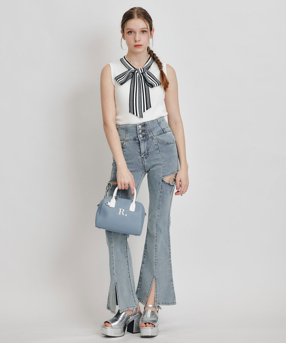 REDYAZEL「ストライプリボンタイリブニットノースリーブ」|ニット・セーター|