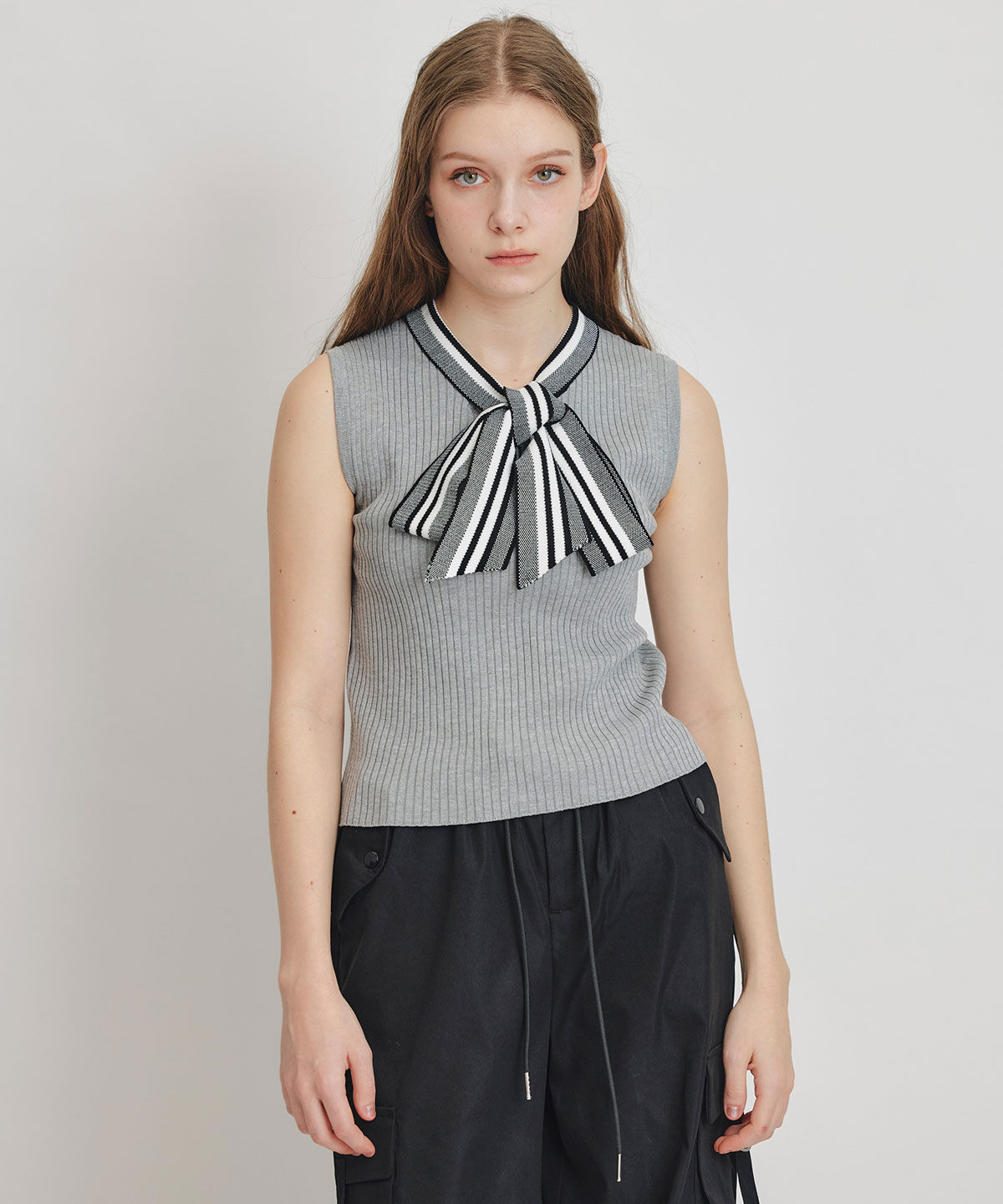 REDYAZEL「ストライプリボンタイリブニットノースリーブ」|ニット・セーター|