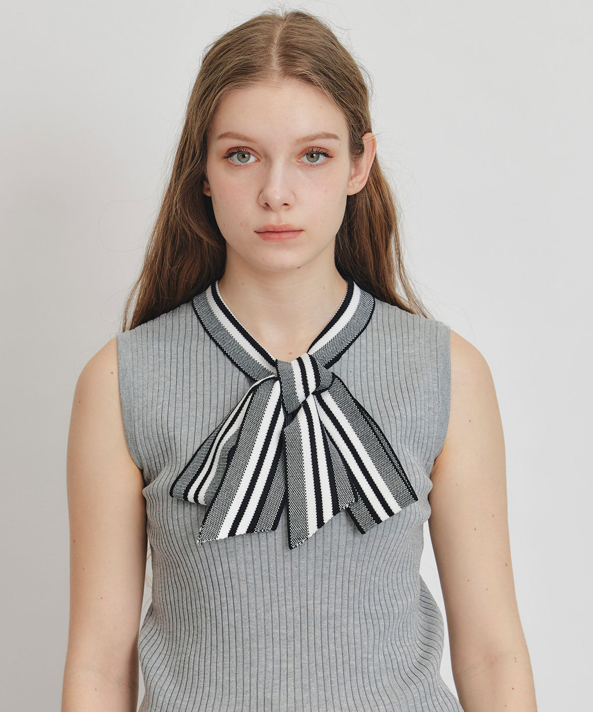 REDYAZEL「ストライプリボンタイリブニットノースリーブ」|ニット・セーター|