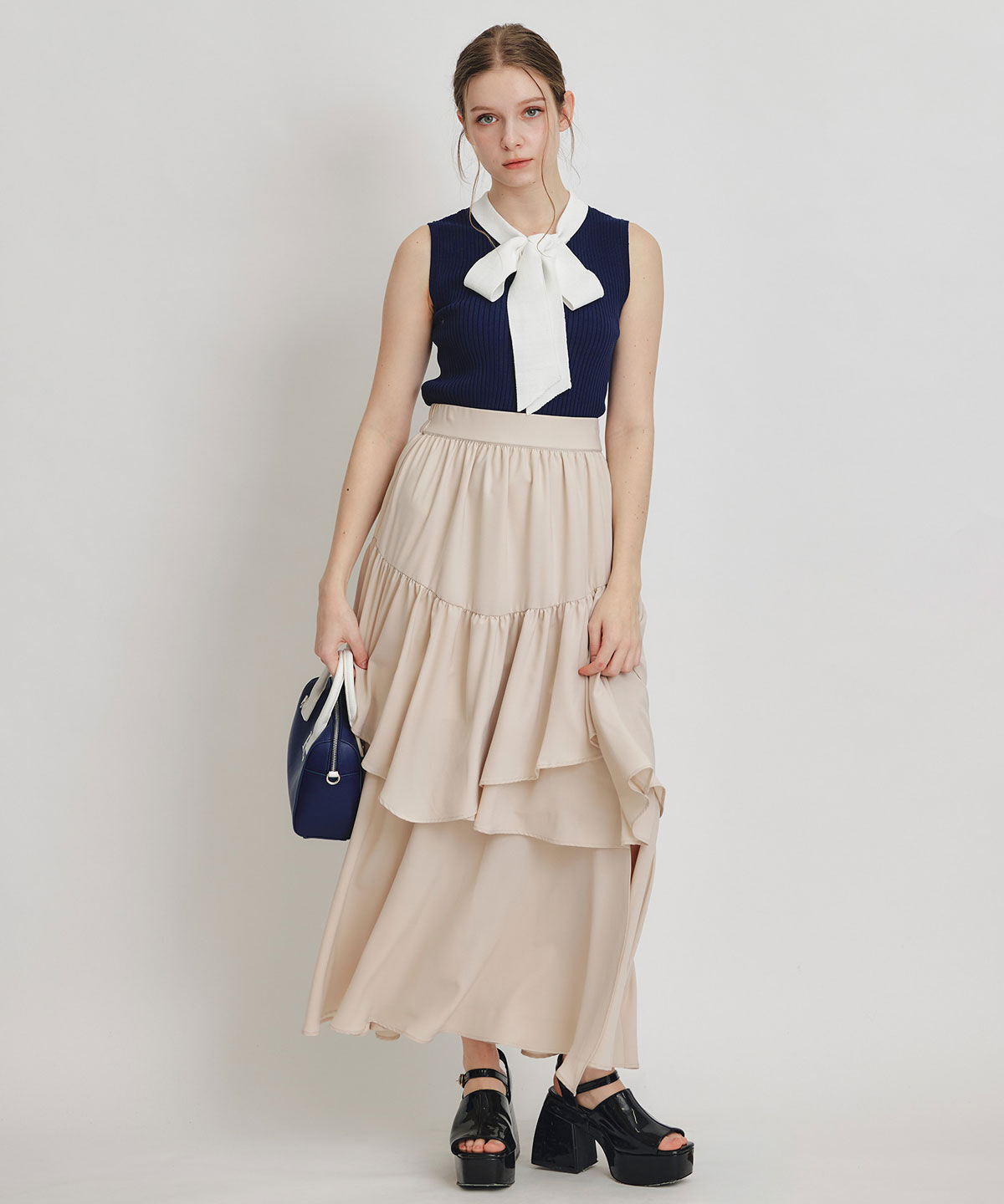 REDYAZEL「ストライプリボンタイリブニットノースリーブ」|ニット・セーター|