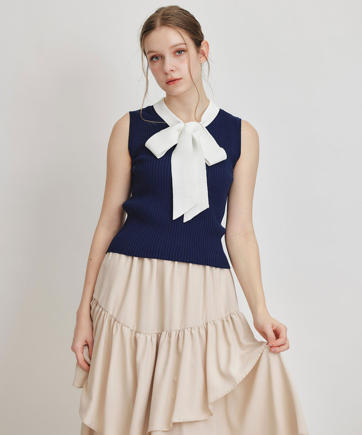 REDYAZEL「ストライプリボンタイリブニットノースリーブ」|ニット・セーター|