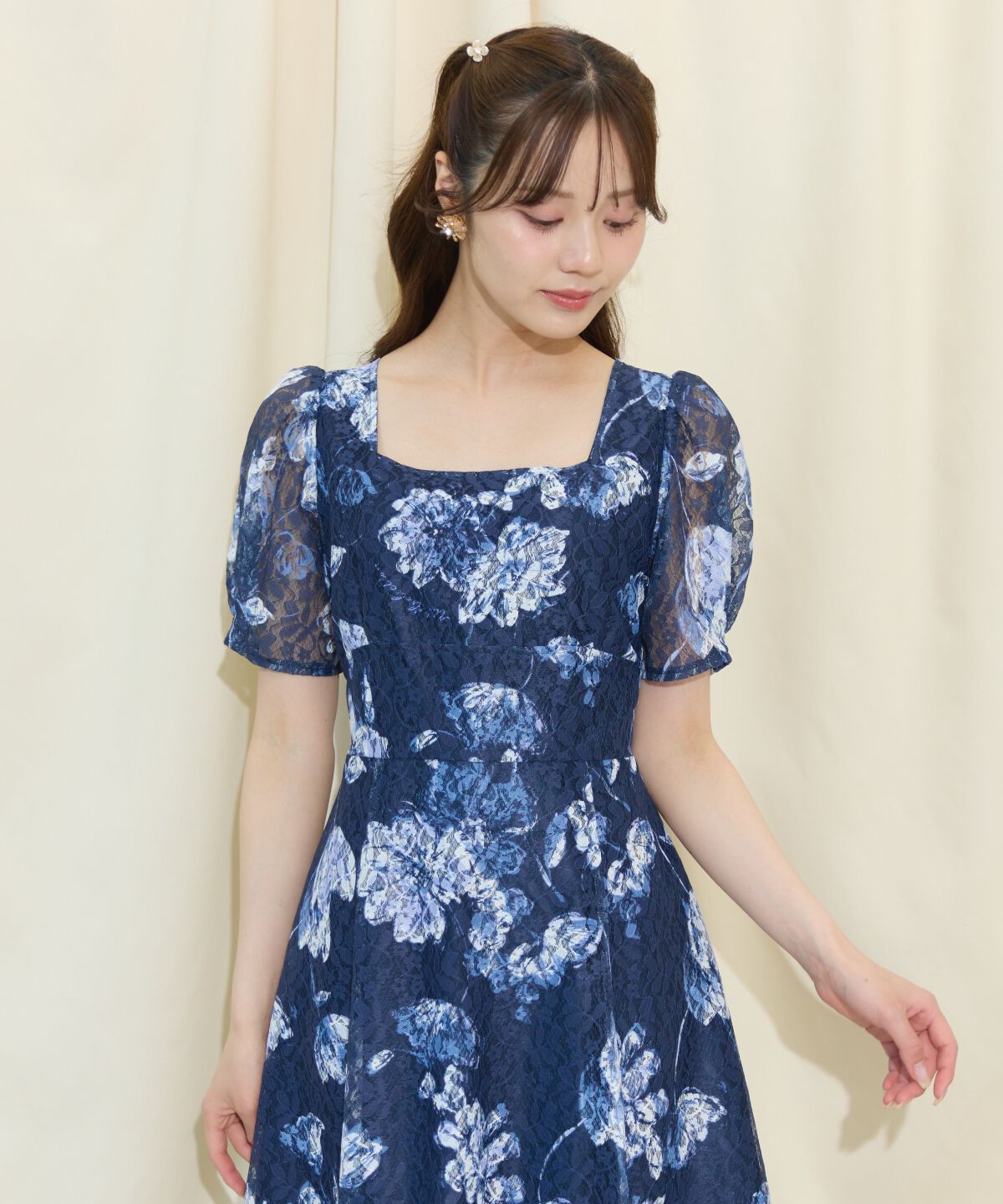 WILLSELECTION「ニュアンスフラワーレースプリントワンピース」|ワンピース|