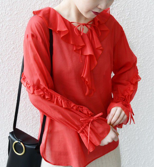 SHIPS for women「* 〈手洗い可能〉強撚 コットン シアー ボイル フリル ブラウス ◇」|シャツ・ブラウス|レッド