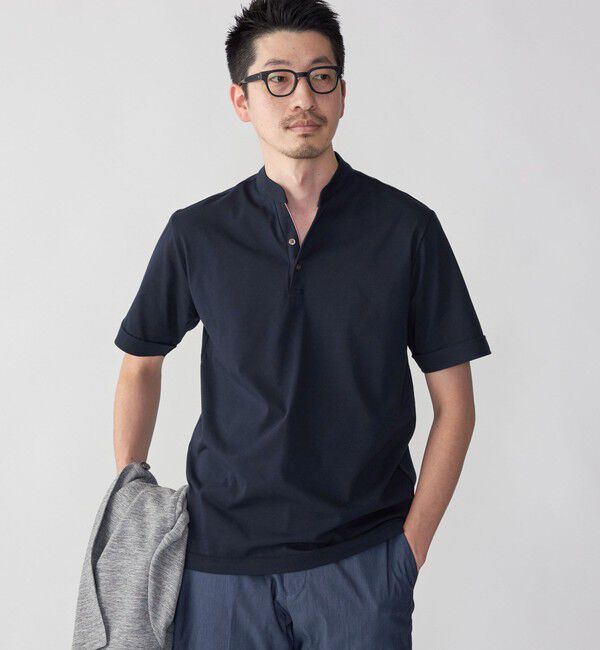SHIPS「【WEB限定】SHIPS:〈接触冷感〉アイスタッチ プレーティングジャージー パイピング バンドカラーポロシャツ」|ポロシャツ|ネイビー