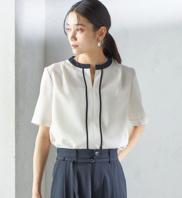 SHIPS for women「〈手洗い可能〉パイピング キーネック 半袖 ブラウス」|シャツ・ブラウス|