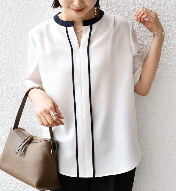 SHIPS for women「〈手洗い可能〉パイピング キーネック 半袖 ブラウス」|シャツ・ブラウス|