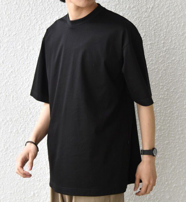SHIPS any「SHIPS any:〈接触冷感/遮熱/UVカット〉COOL TOUCH スムース デザイン リブ セミ モックネック Tシャツ◆」|Tシャツ・カットソー|ブラック