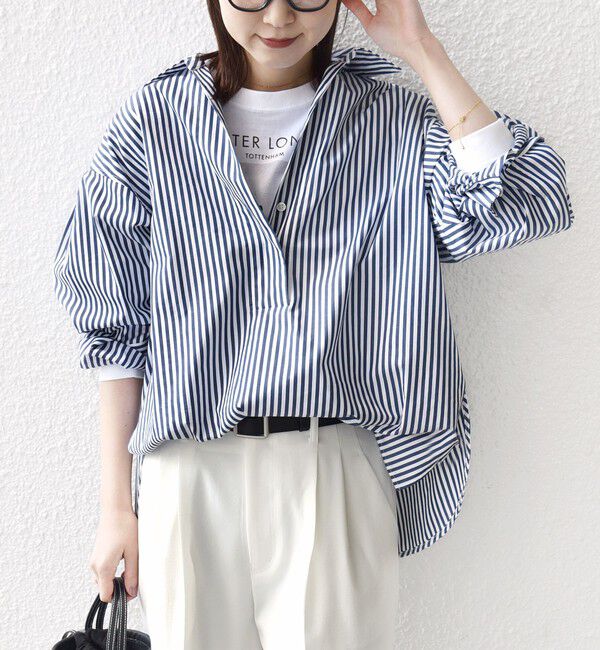 SHIPS for women「〈手洗い可能〉無地 / ストライプ サイド スリット スキッパー コットン シャツ 2」|シャツ・ブラウス|ネイビー