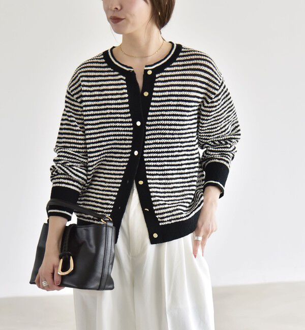 quaranciel「《予約》quaranciel: ボーダー クルーネック メタルボタン ニット カーディガン」|カーディガン|