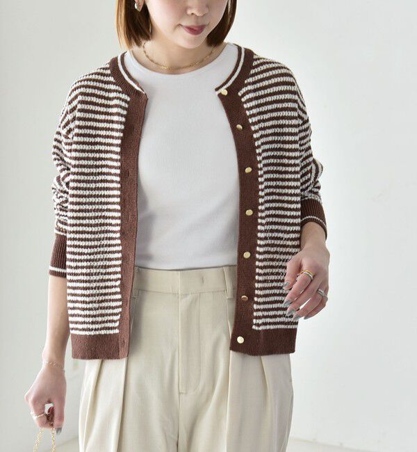 quaranciel「《予約》quaranciel: ボーダー クルーネック メタルボタン ニット カーディガン」|カーディガン|