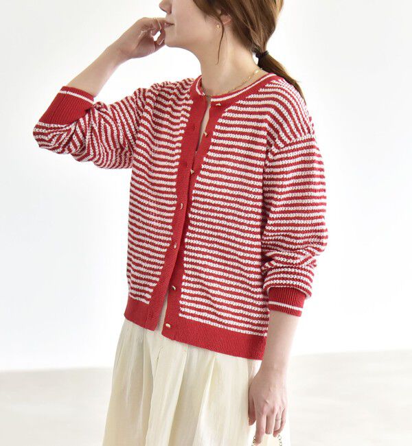 quaranciel「《予約》quaranciel: ボーダー クルーネック メタルボタン ニット カーディガン」|カーディガン|レッド