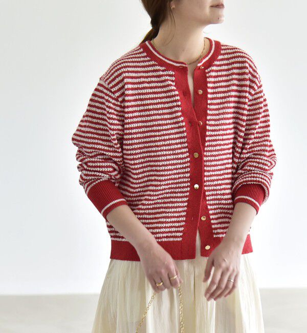 quaranciel「《予約》quaranciel: ボーダー クルーネック メタルボタン ニット カーディガン」|カーディガン|