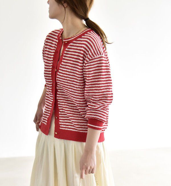 quaranciel「《予約》quaranciel: ボーダー クルーネック メタルボタン ニット カーディガン」|カーディガン|