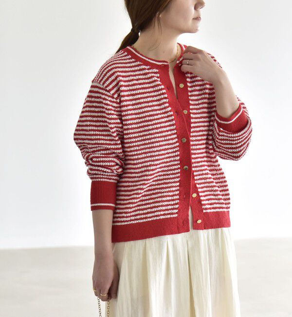quaranciel「《予約》quaranciel: ボーダー クルーネック メタルボタン ニット カーディガン」|カーディガン|