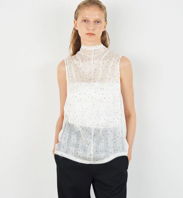 DES PRES「シルクシフォンストライプドット ハイネックノースリーブブラウス」|シャツ・ブラウス|