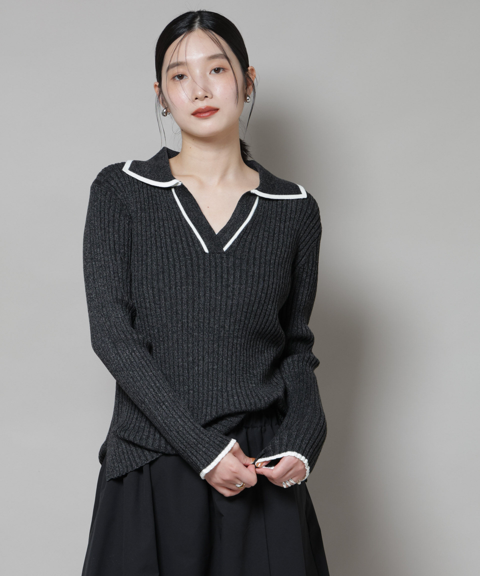 nano･universe「メランジスキッパーバイカラーニットプルオーバー(セットアップ可)」|ニット・セーター|ブラック