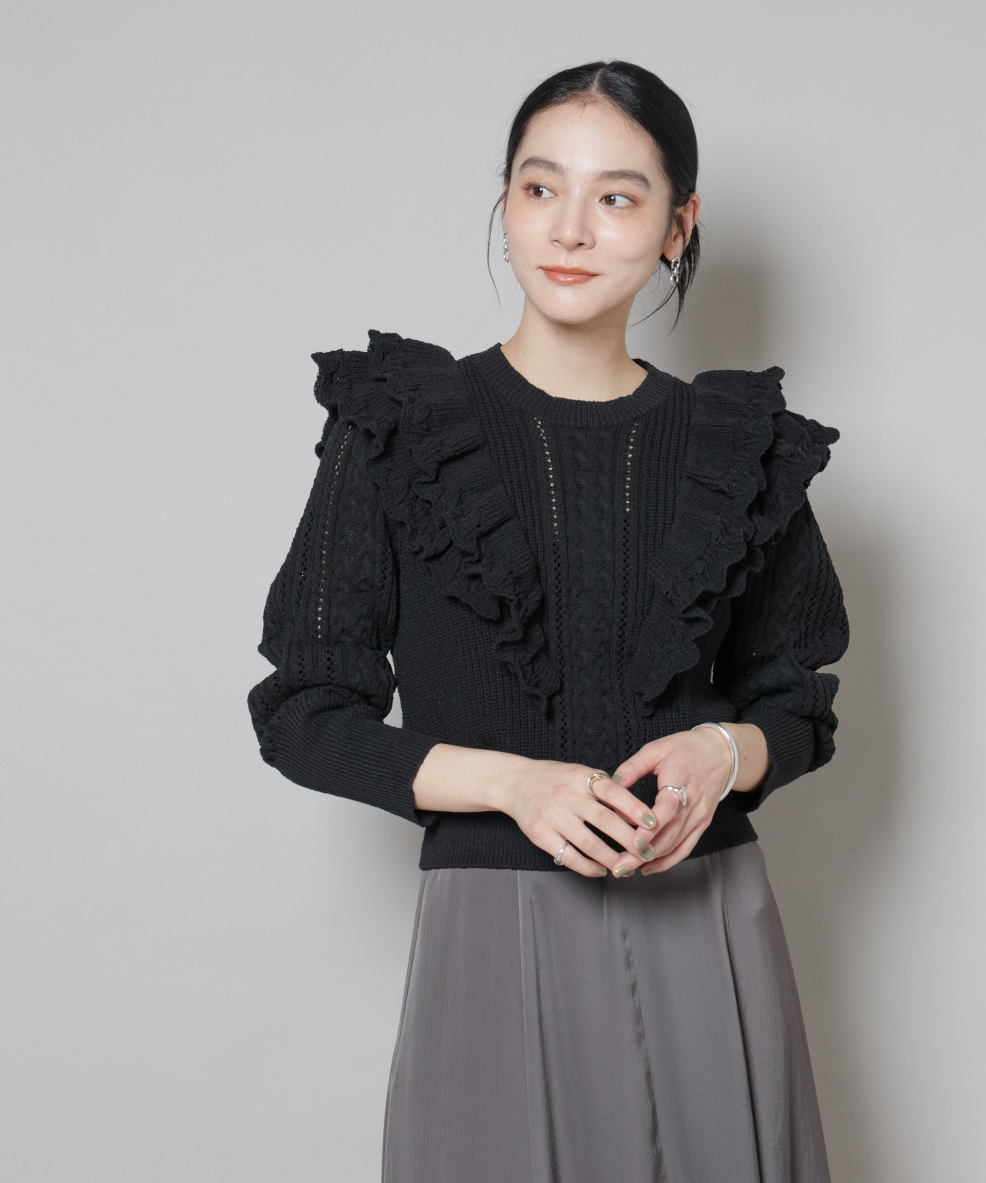 nano･universe「フリルケーブルニットプルオーバー」|ニット・セーター|